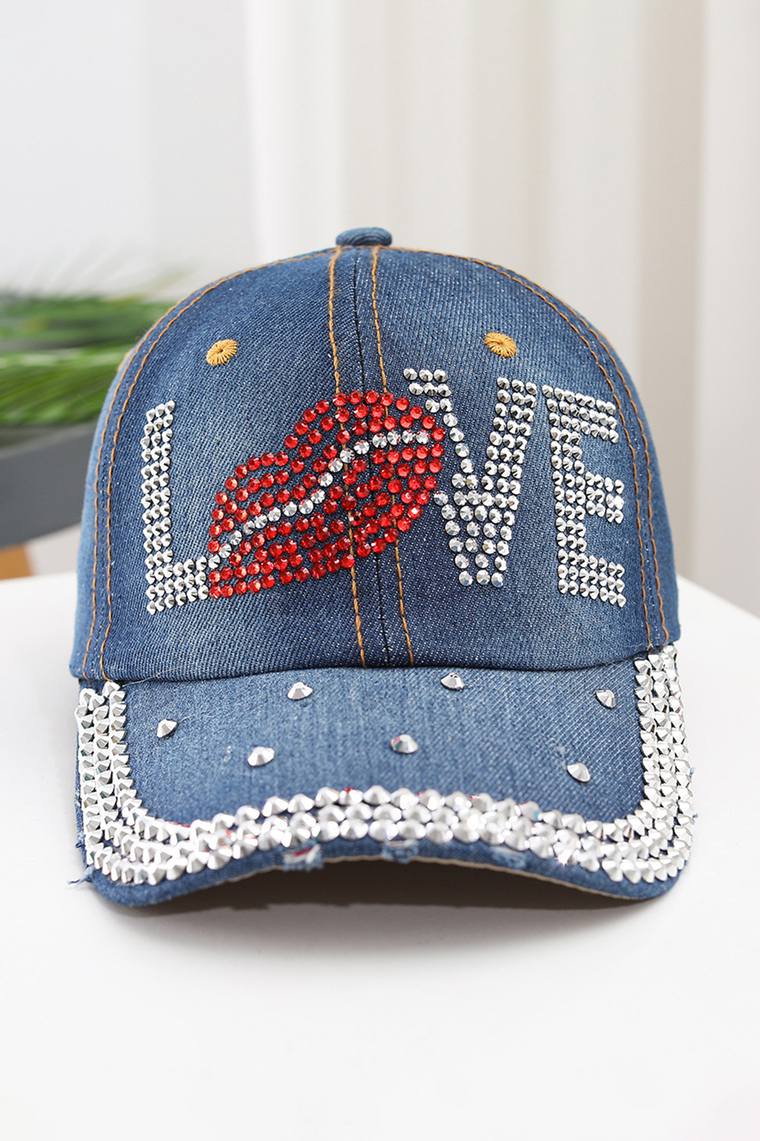 Ashleigh Blue Rhinestone Embellished LOVE Lip Denim Baseball Cap - loveforevers
