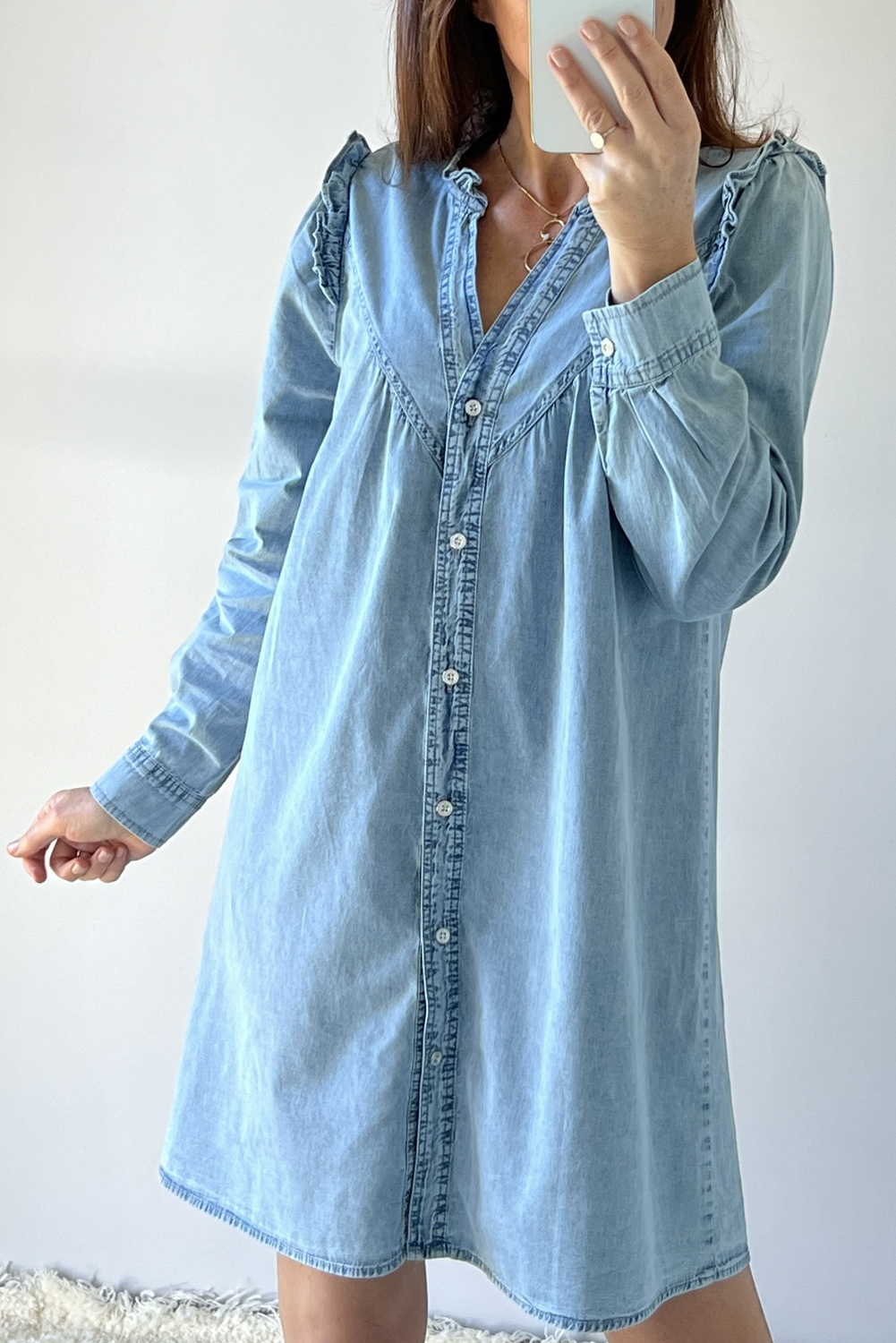Myosotis Ruffled V Neck Buttoned Shift Denim Dress - loveforevers