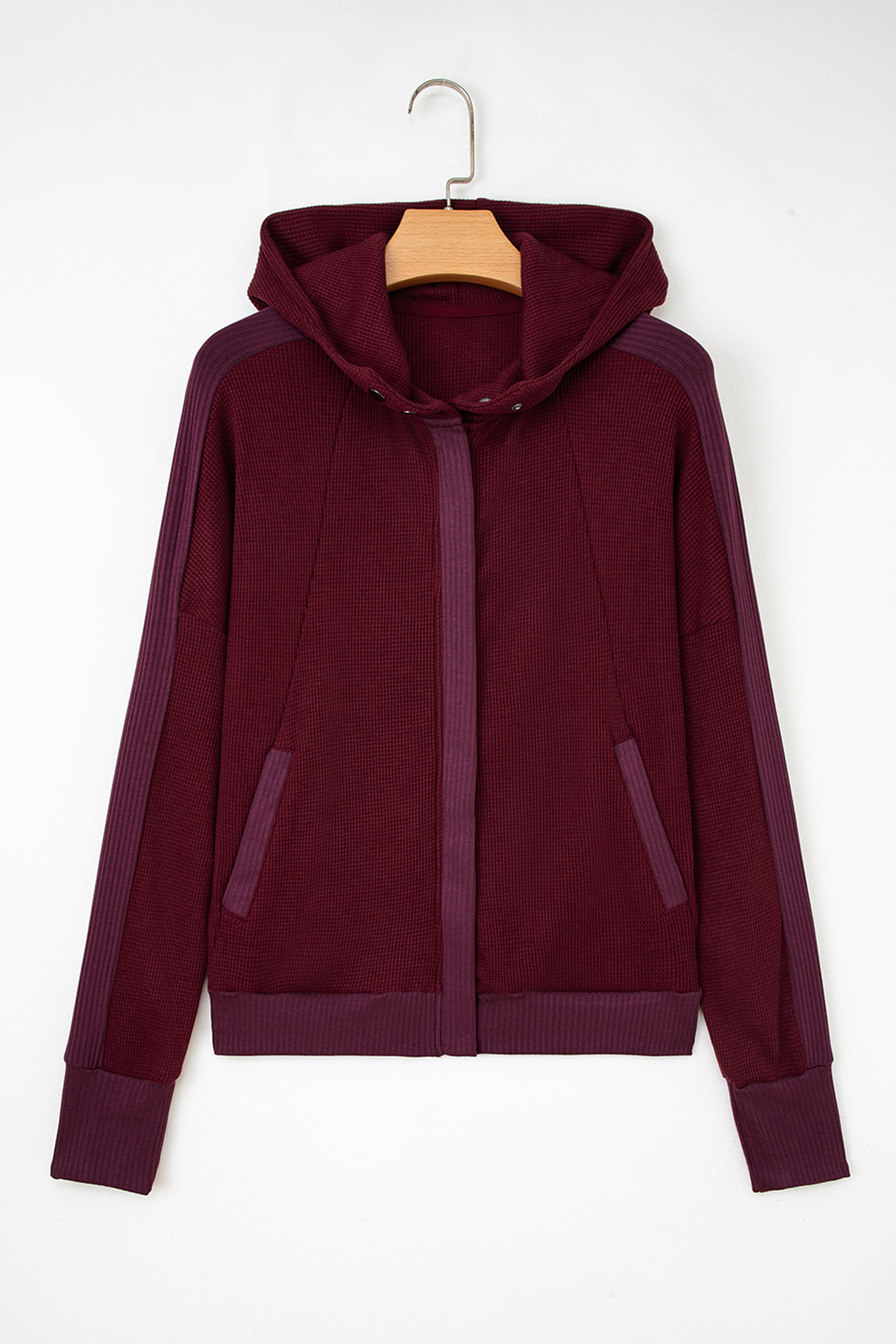 Burgundy Waffle Splicing Zip Up Front Button Hooded Jacket - loveforevers