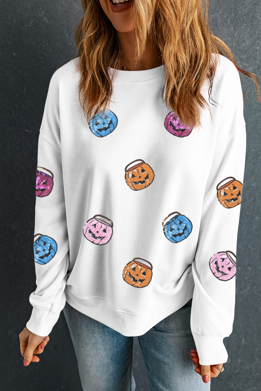 White Halloween Pumpkin Lantern Sequin Patched Sweatshirt - loveforevers