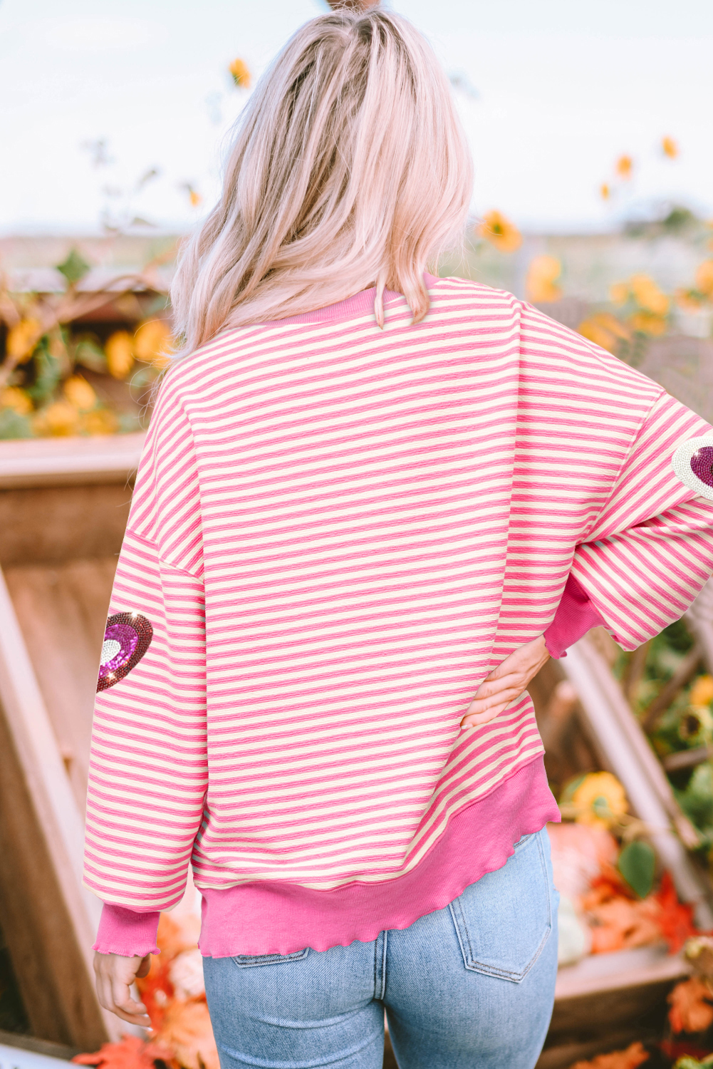 Pink Stripe Sequin Heart Patched Pattern Long Sleeve Valentines Top - loveforevers