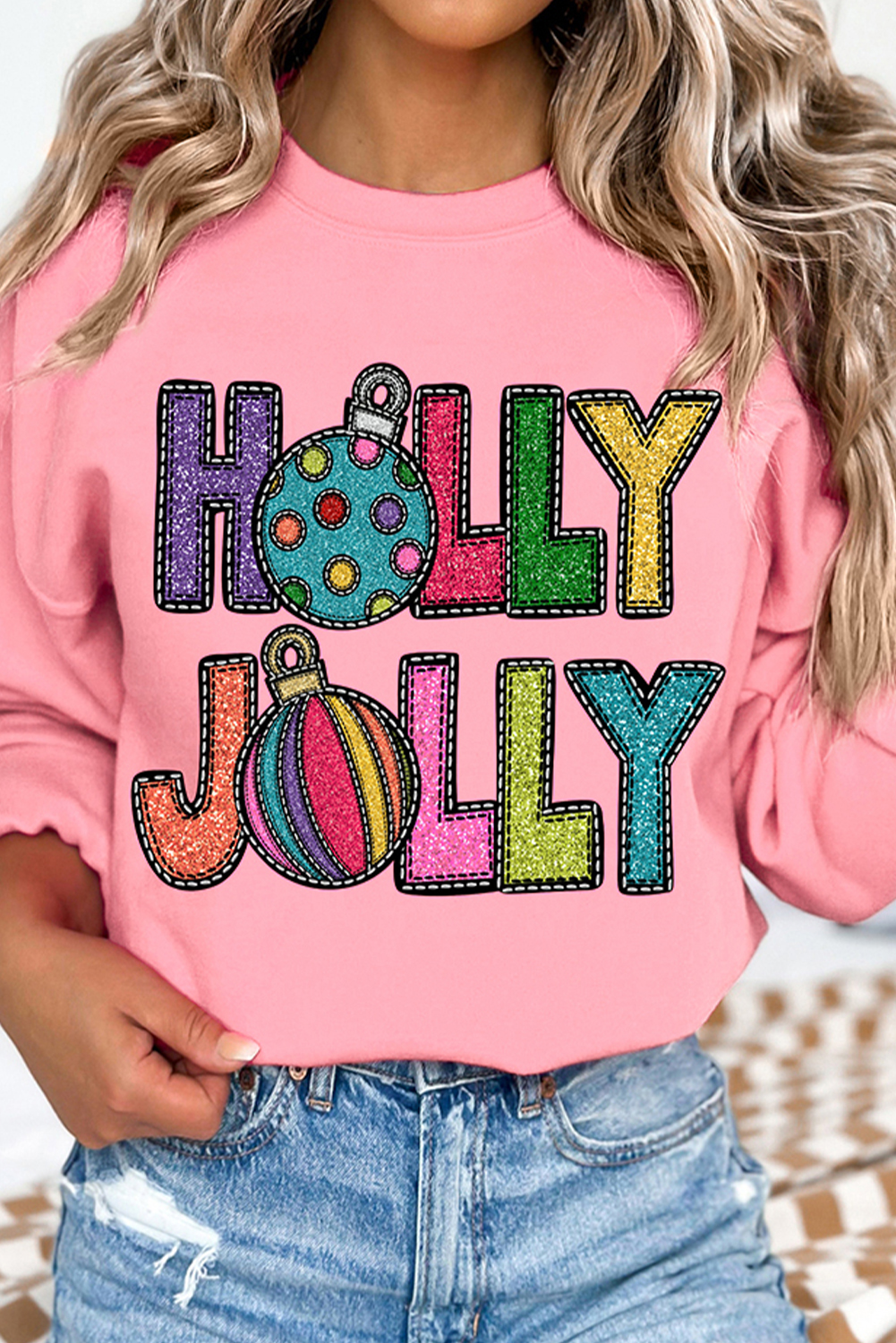 Pink HOLLY JOLLY Christmas Festive Letter Graphic Sweatshirt - loveforevers