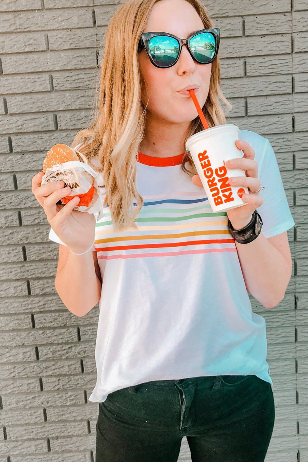 White Rainbow Stripe Print Contrast Crewneck T Shirt - loveforevers