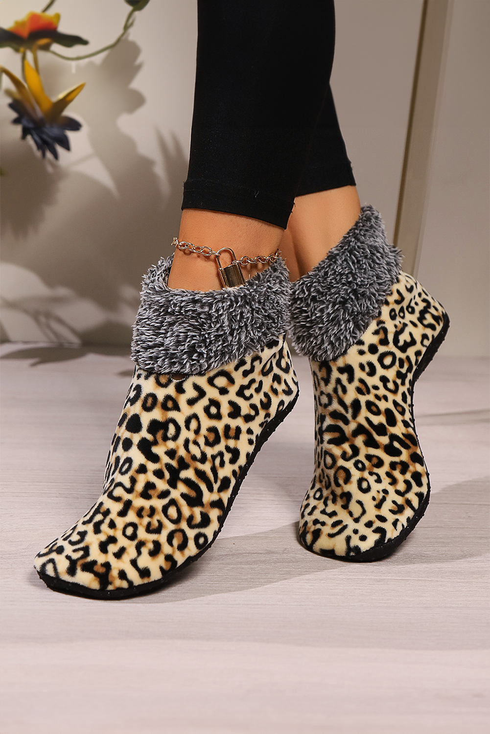 Beige Leopard Print Thermal Lined Socks - loveforevers