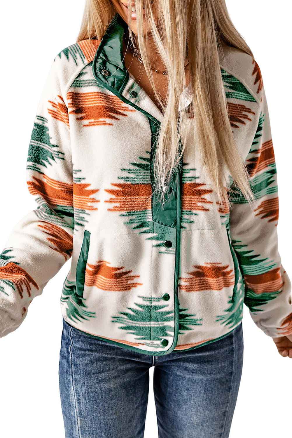 Multicolour Western Aztec Snap Buttoned Fleece Jacket - loveforevers