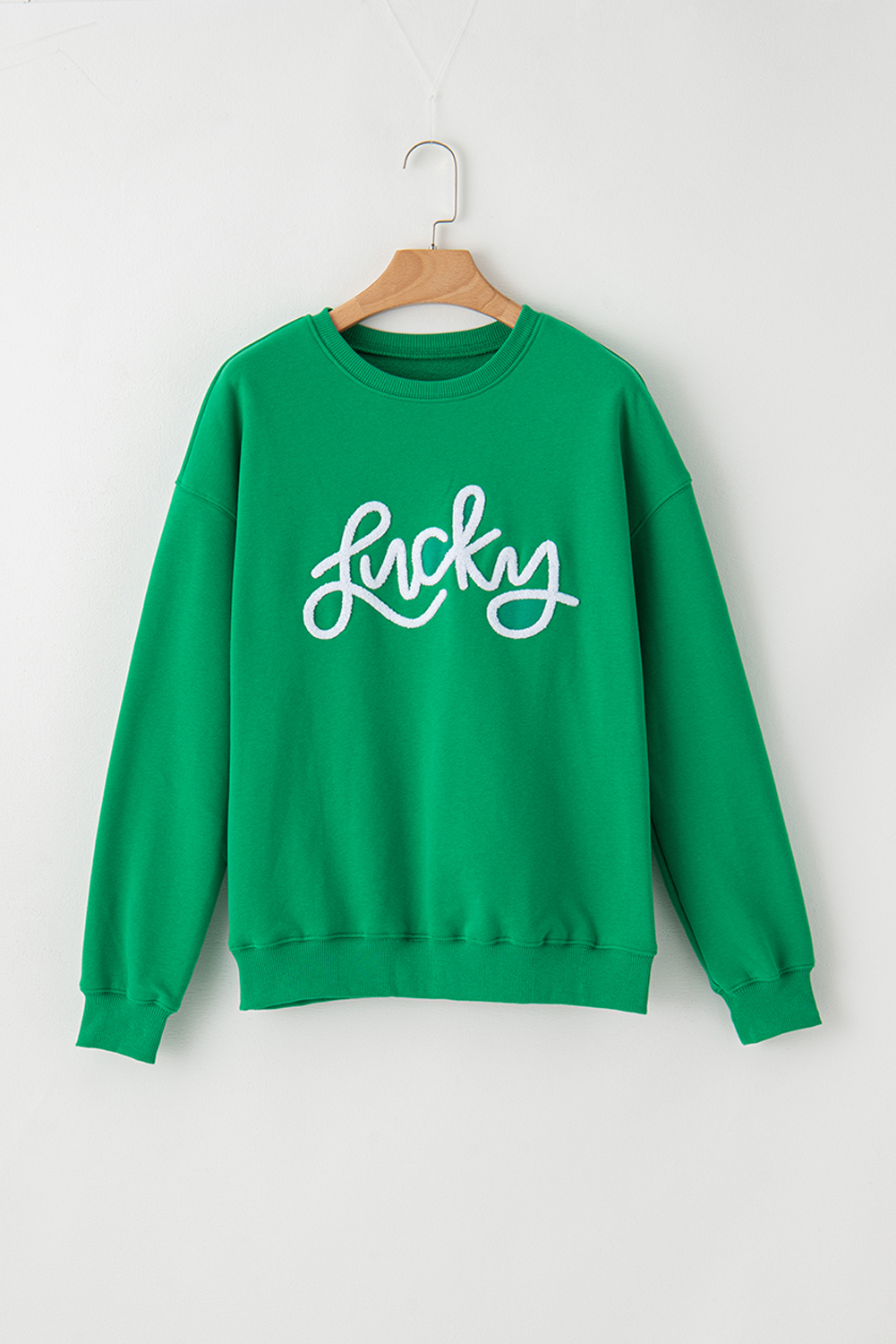 Green LUCKY Aphabet Chenille Embroidered Pullover Sweatshirt - loveforevers