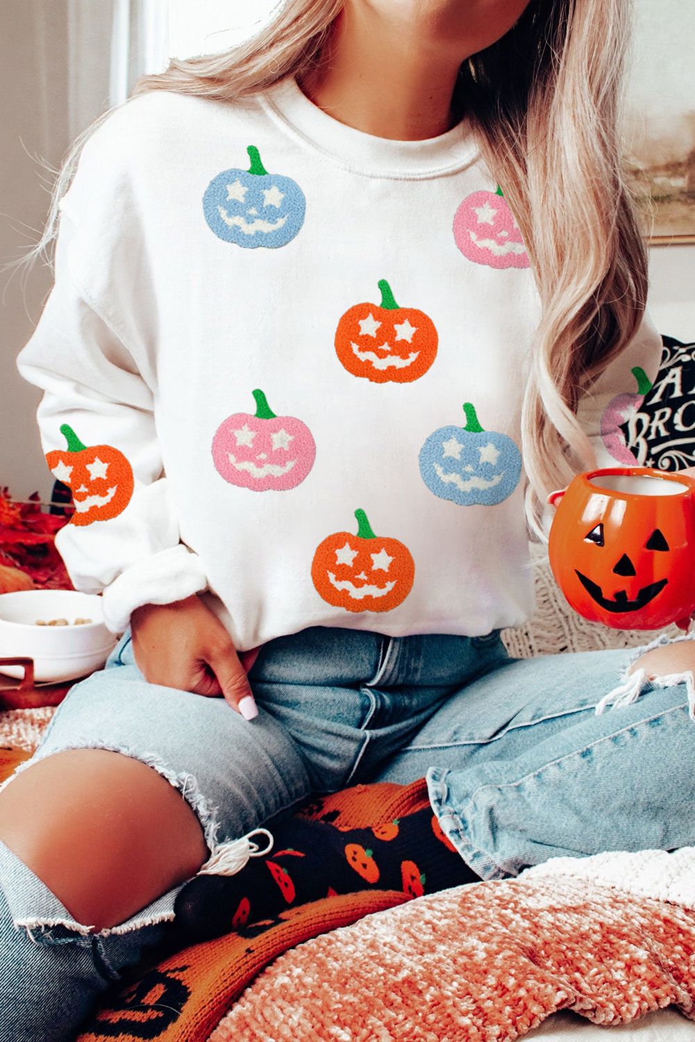 White Cute Halloween Jack-o-lantern Holiday Sweatshirt - loveforevers
