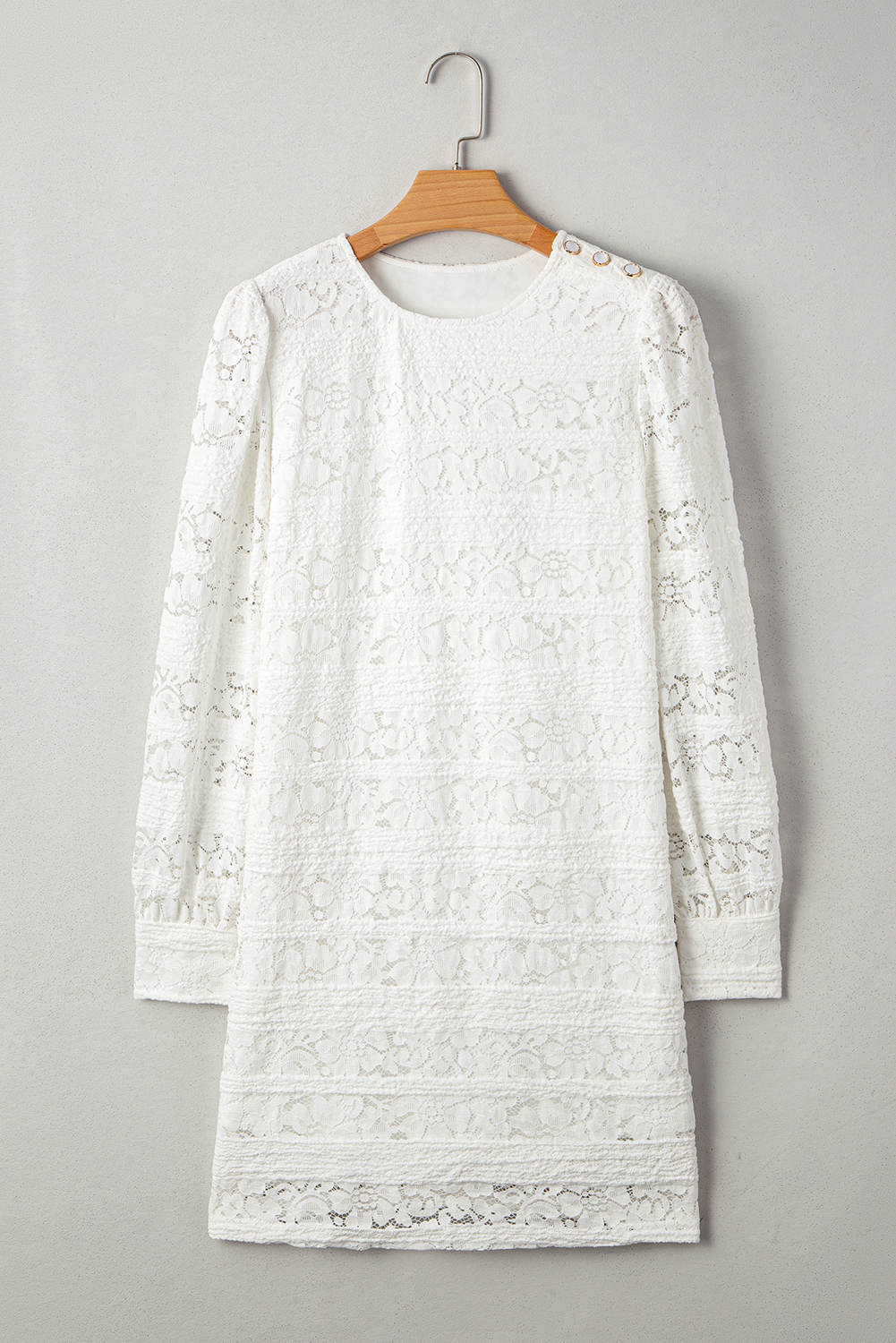 White Lace Crochet Round Neck Puff Sleeve Shift Mini Dress - loveforevers