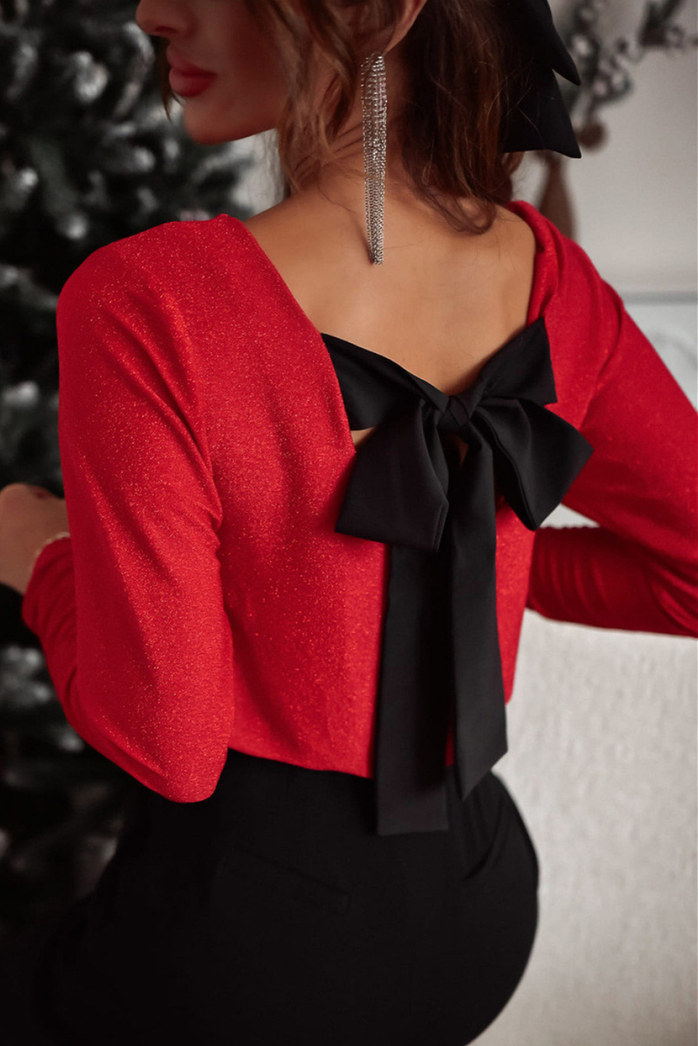 Red Metallic Bowknot Open Back V Neck Top - loveforevers