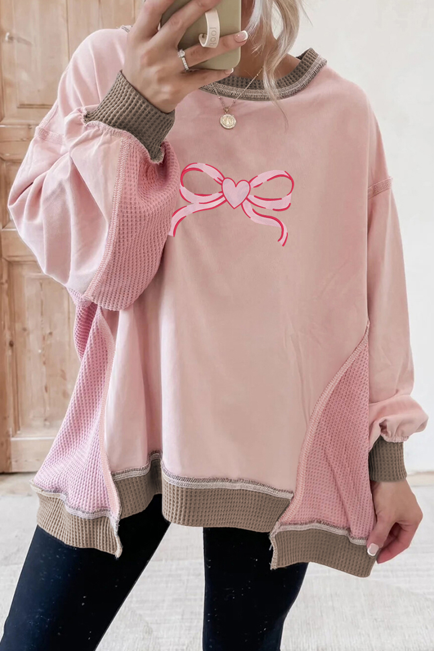 Light Pink Heart Bow Embroidered Exposed Seam Color Block Waffled Patchwork Sweatshirt - loveforevers
