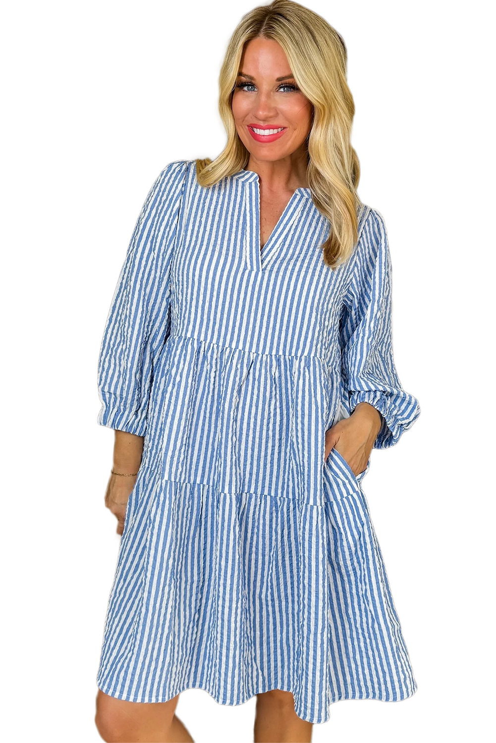 Sky Blue Stripe Bracelet Sleeve Tiered Shift Dress with Pockets - loveforevers