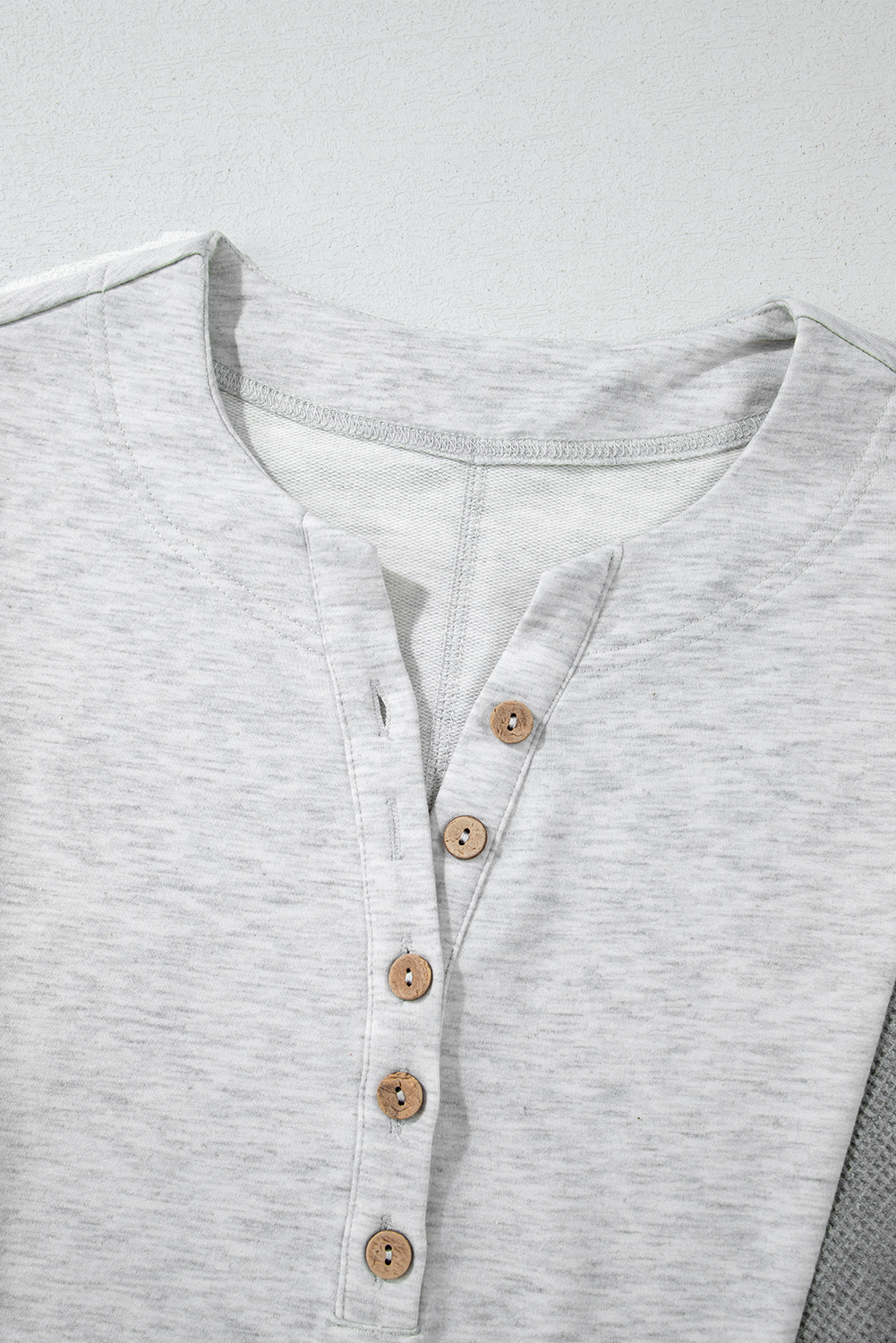 Dearlovers Light Grey Two Tone Contrast Waffle Knit Patched Buttoned V Neck Top - loveforevers