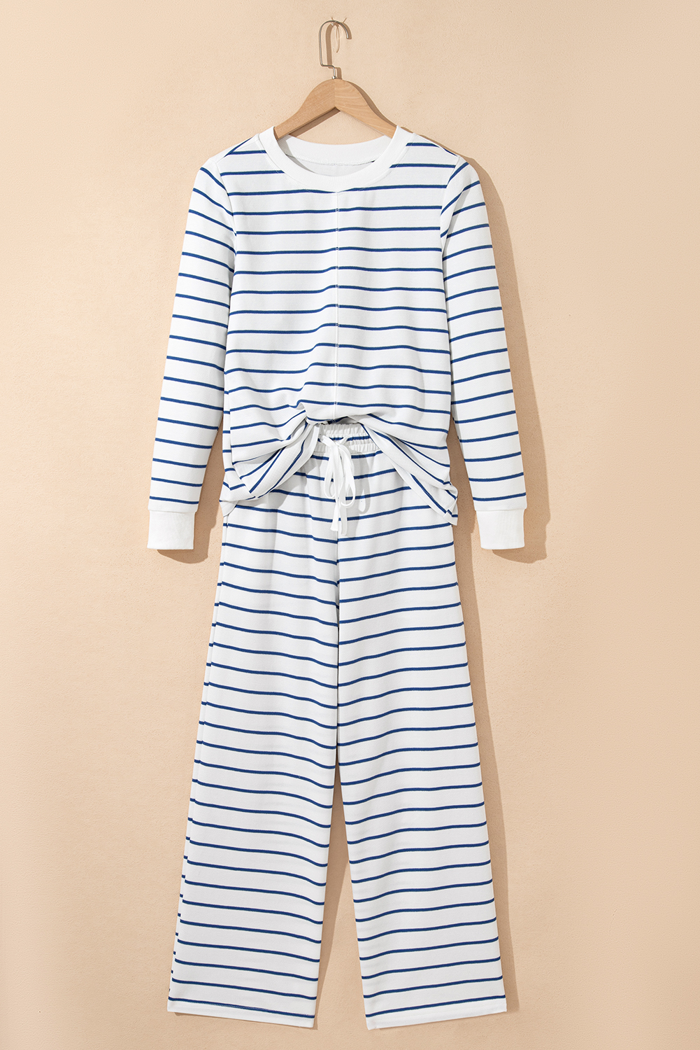 Sail Blue Striped Long Sleeve Top Drawstring Wide Leg Pants 2pcs Outfit - loveforevers