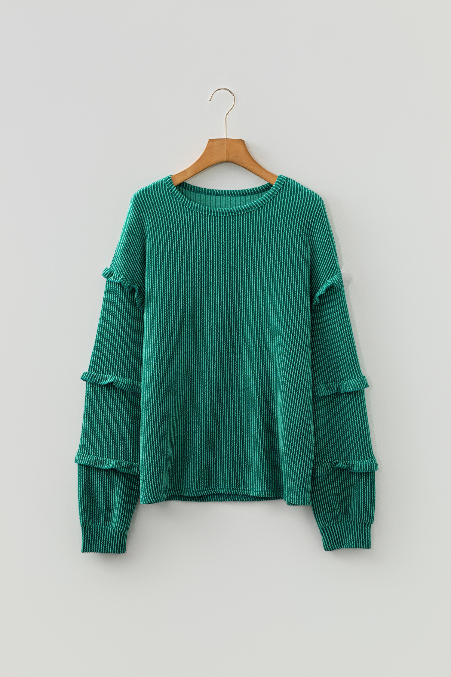 Evergreen Twisted Ribbed Tiered Ruffles Long Sleeve Pullover Top - loveforevers