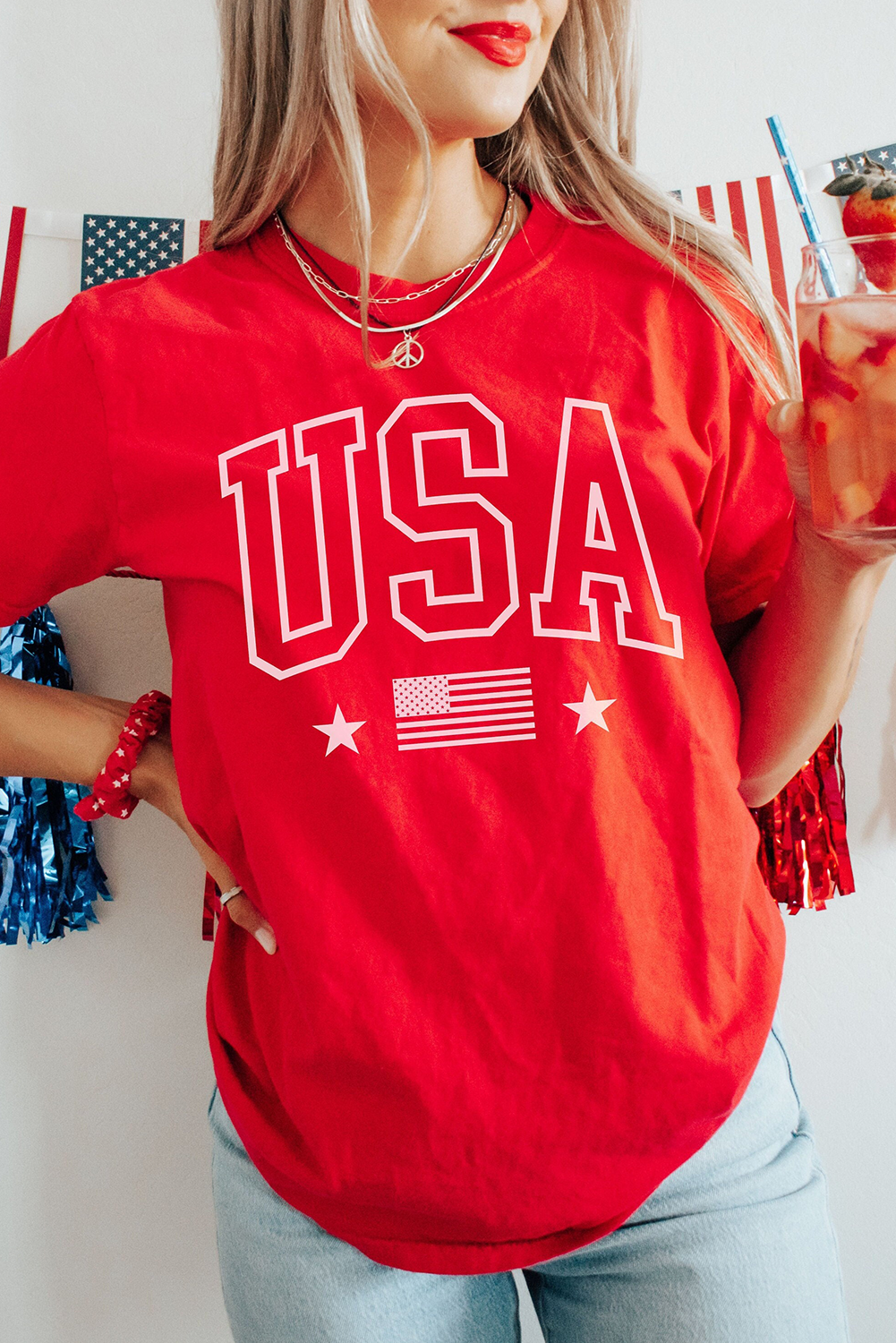 Red USA American Flag Print Crewneck T Shirt - loveforevers