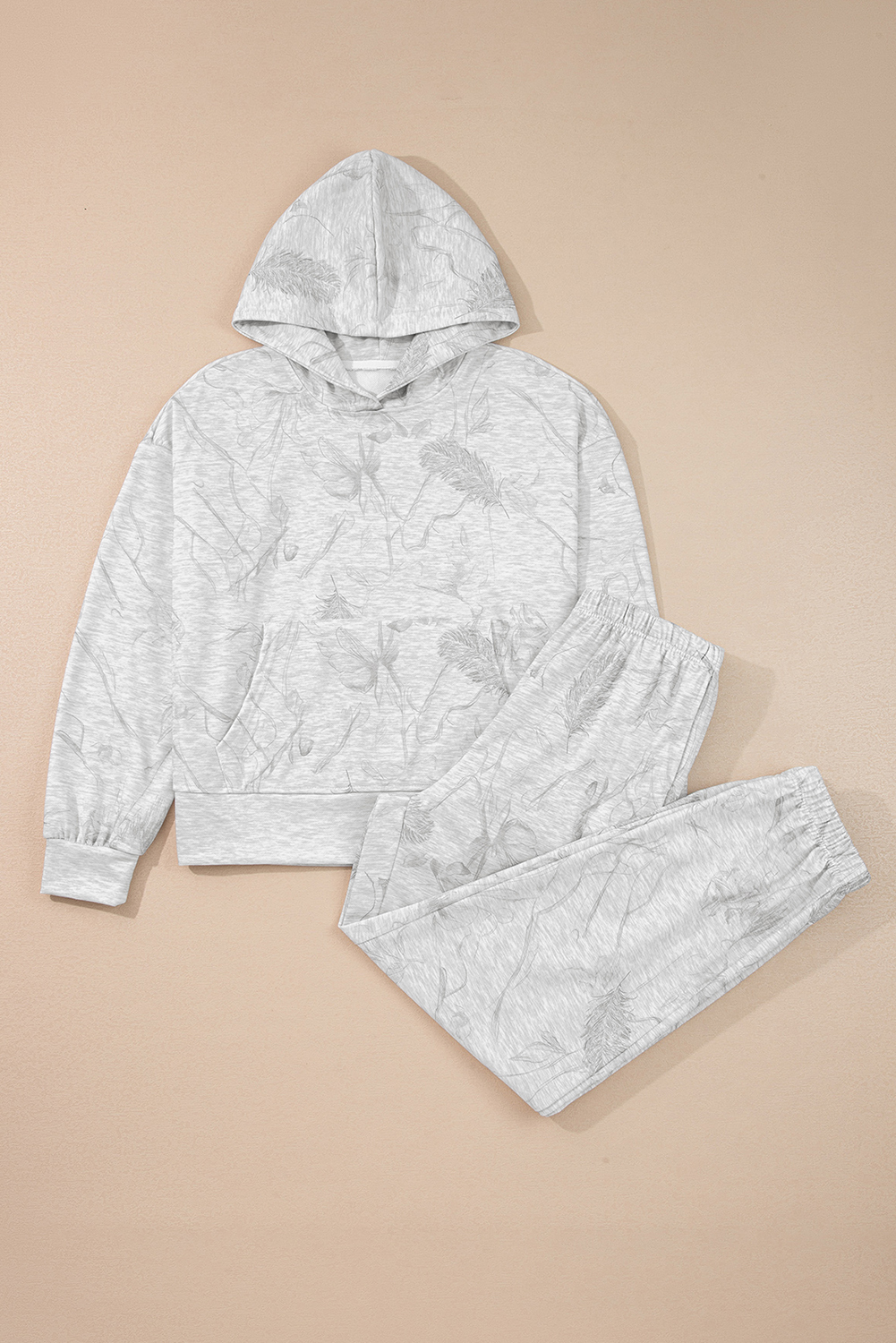 Light Grey Abstract Print Loose Drop Sleeve Hoodie Elastic Waistband 2pcs Pant Set - loveforevers