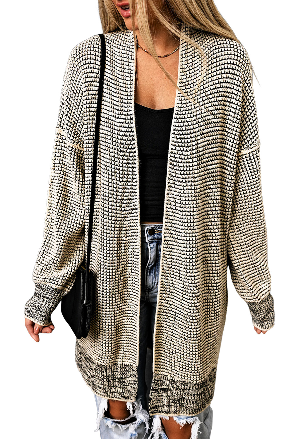 Apricot Plaid Knitted Long Open Front Cardigan - loveforevers