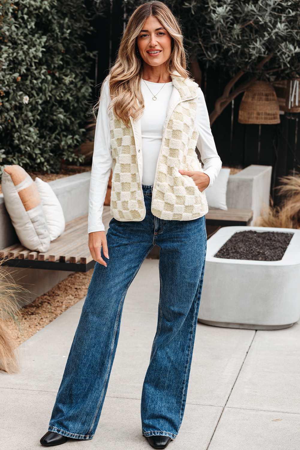 Khaki Sherpa Checkerboard Snap Button Vest Jacket With Pocket - loveforevers