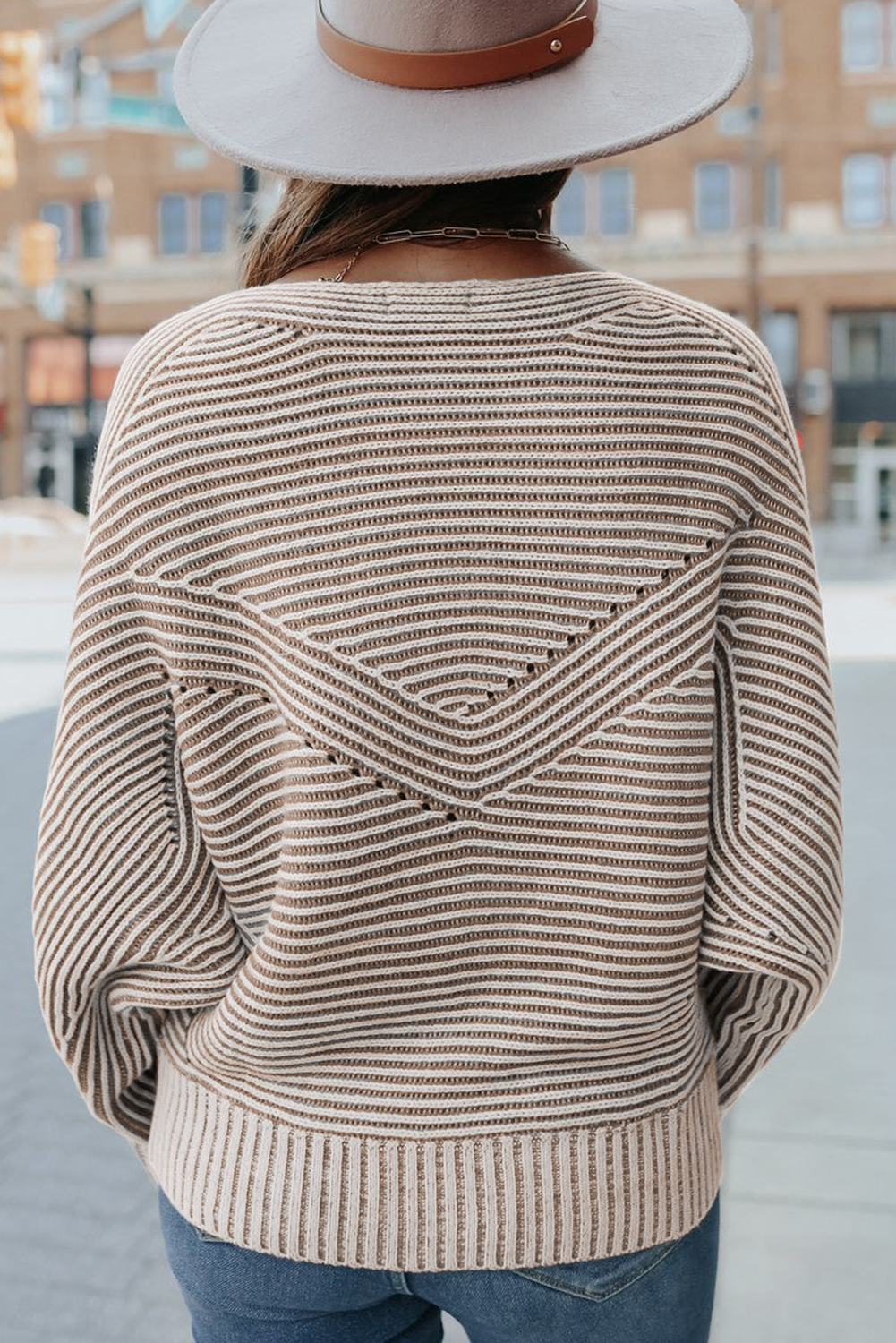 Coffee Striped Print Ribbed Knit Boat Neck Baggy Sweater - loveforevers
