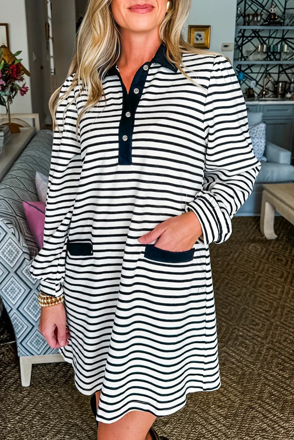 White Stripe Buttoned Front Collared Long Sleeve T Shirt Dress with Pockets - loveforevers