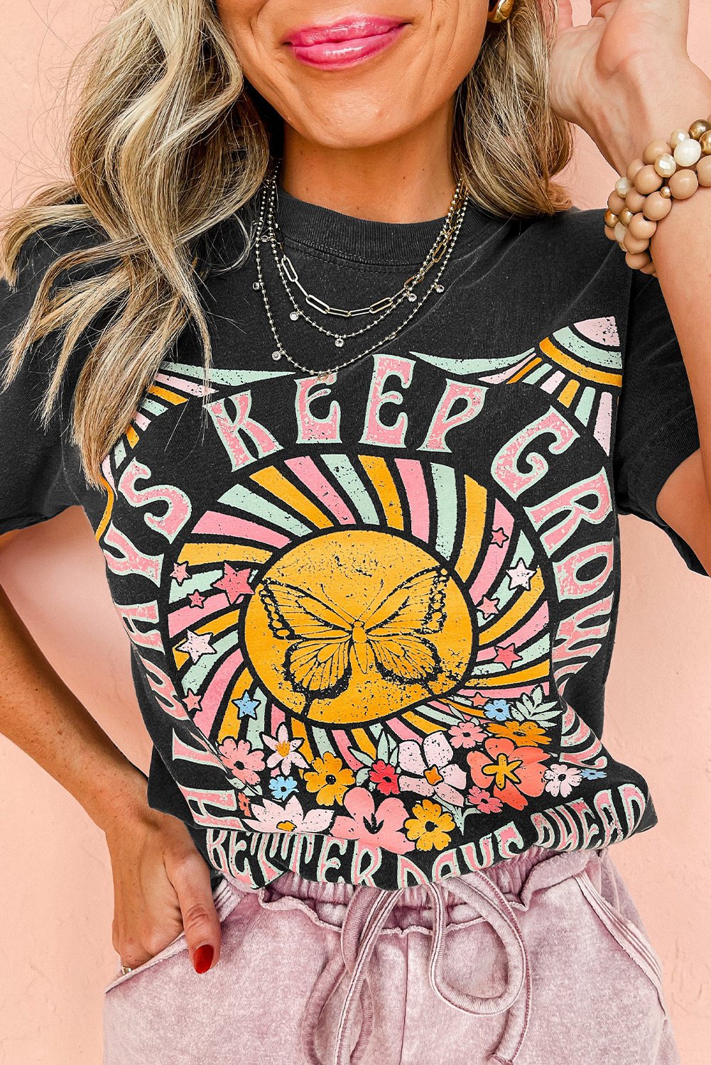 Black Always Keep Growing Butterfly Flower Crewneck Graphic Tee - loveforevers