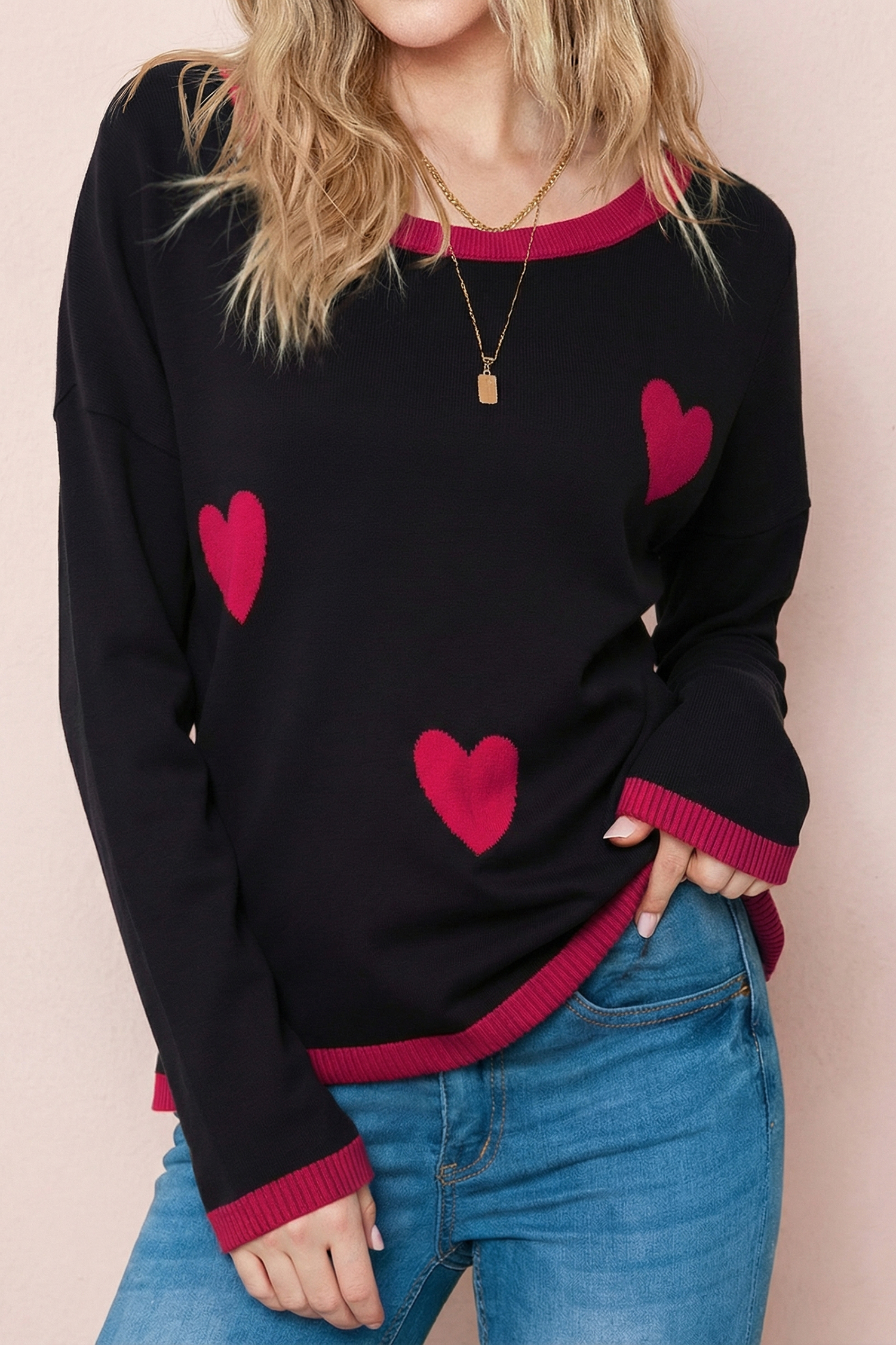 Black white Heart Print Contrast Trim Drop Shoulder Sweater - loveforevers