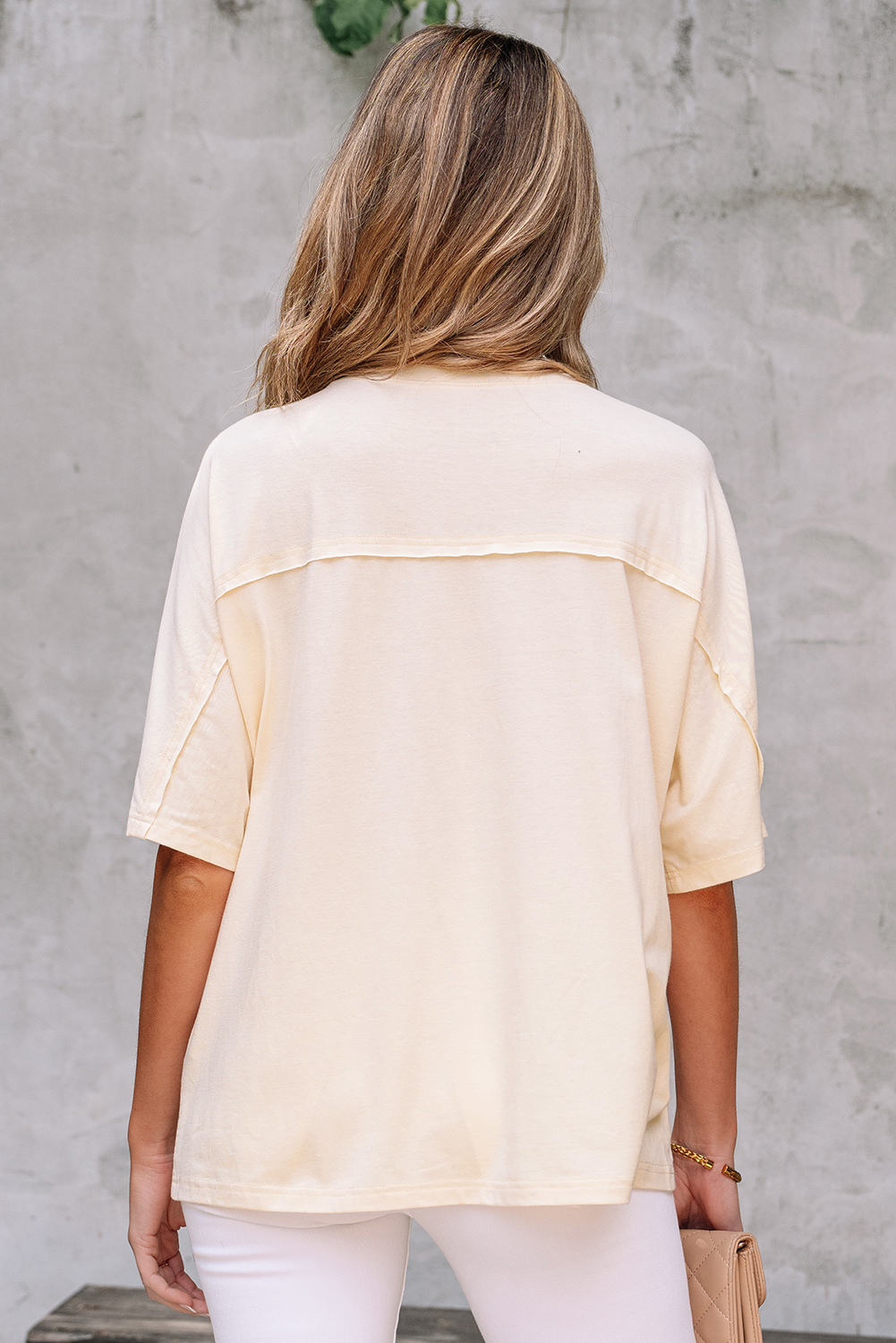 Apricot Flower Patched Exposed Stitching Trim Crew Neck Loose Tee - loveforevers