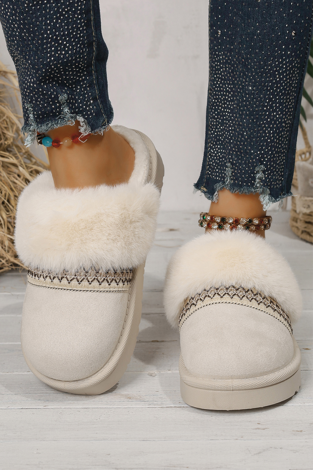 White Faux Suede Plush Trim Ethnic Mule Slippers - loveforevers