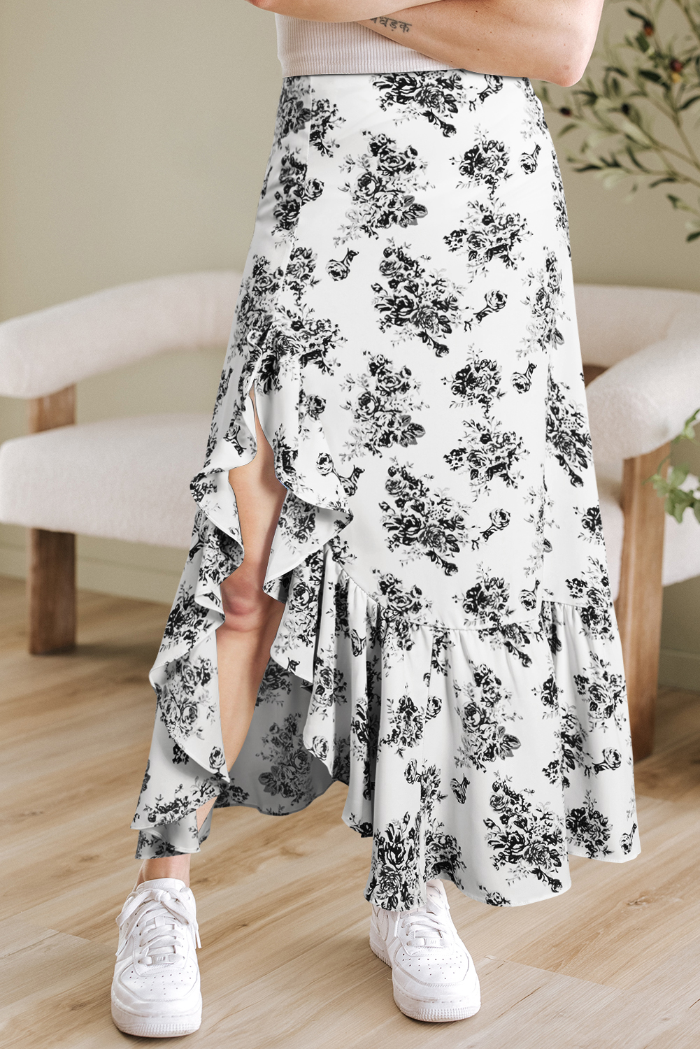 Black Boho Floral High Waist Ruffle Split Maxi Skirt - loveforevers