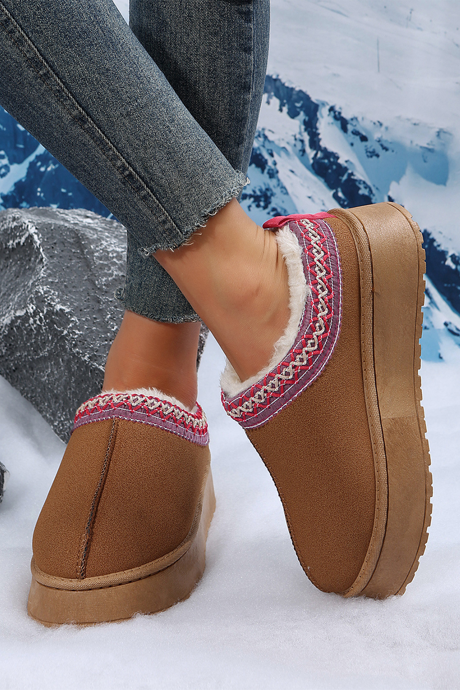 Chestnut Contrast Print Suede Plush Lined Snow Boots - loveforevers