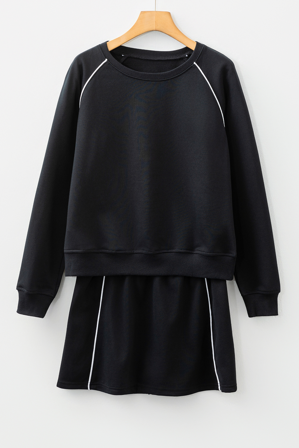Black Contrast Piping Crewneck Pullover Mini Skirt Set - loveforevers