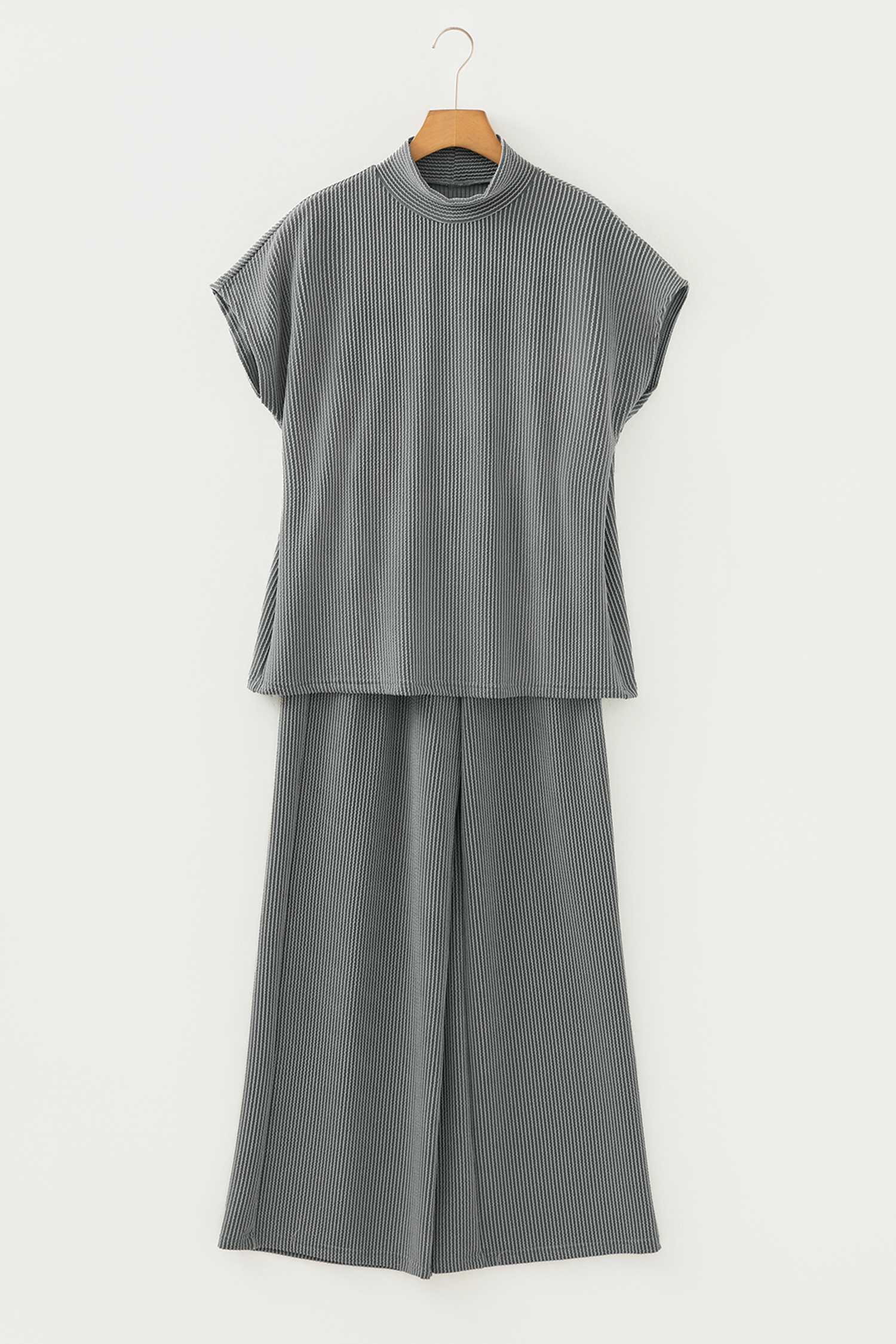 Dark Grey Twisted Ribbed High Neck Loose Tee Elastic High Waist Loose Pant Set - loveforevers