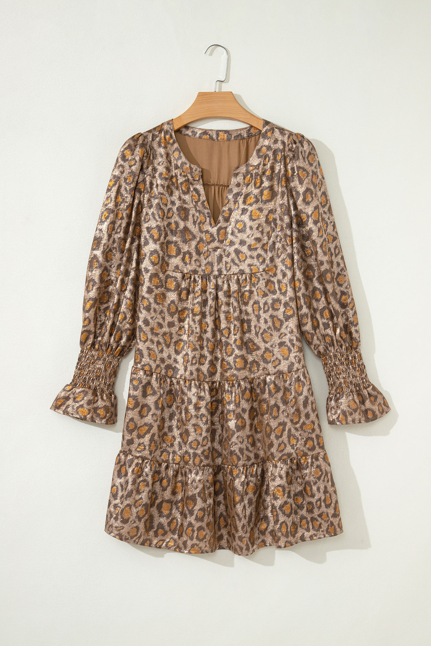 Khaki Leopard Print V Neck Ruffled Sleeve Tiered Loose Mini Dress - loveforevers