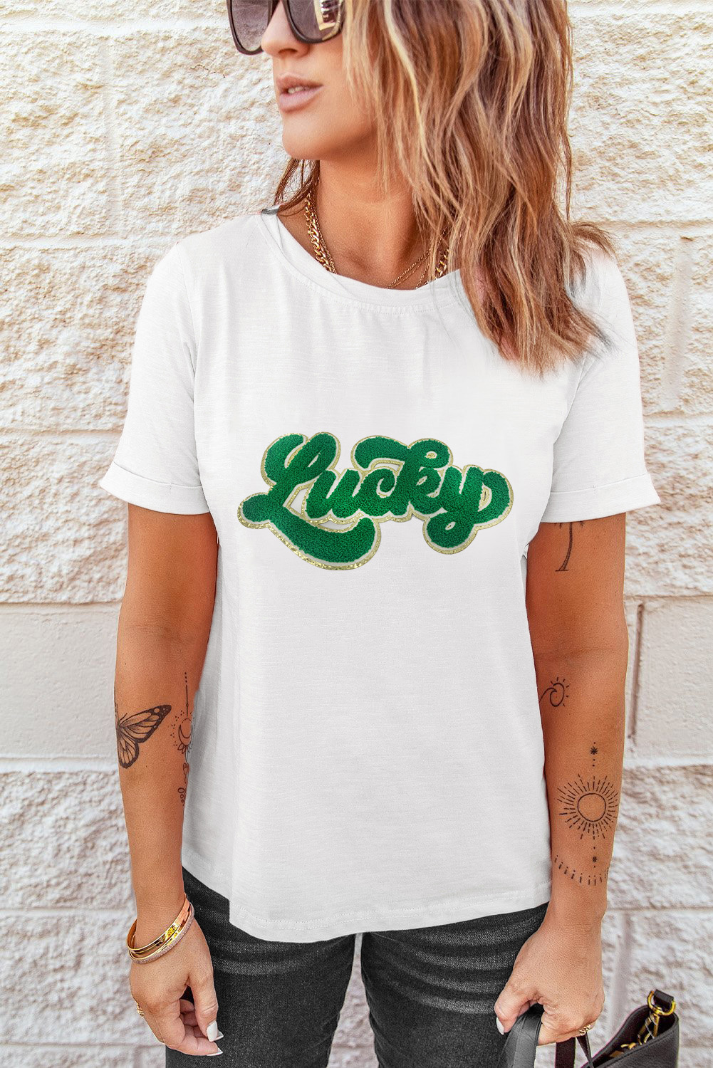 Black St. Patricks Lucky Clover Print O Neck T Shirt - loveforevers