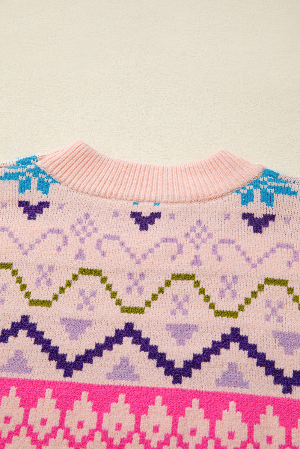 Multicolour Ethnic Christmas Pattern Knit Feather Cuffed Sweater - loveforevers