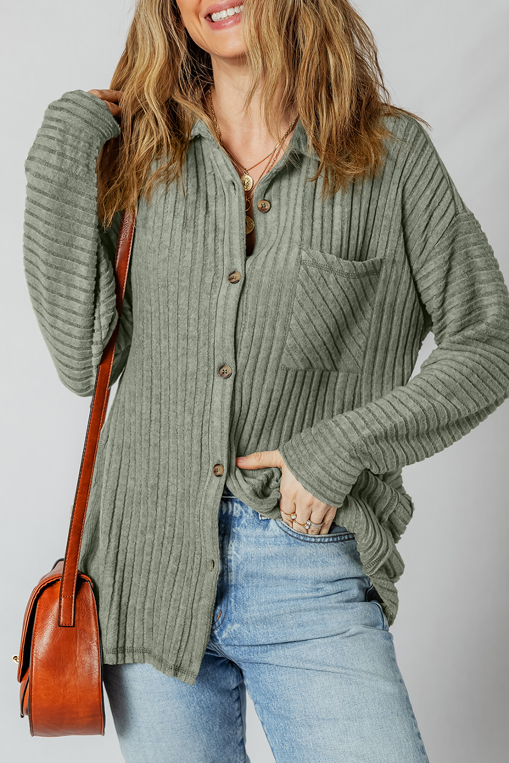 Mist Green Thermal Ribbed Texture Drop Shoulder Button Up Shacket - loveforevers