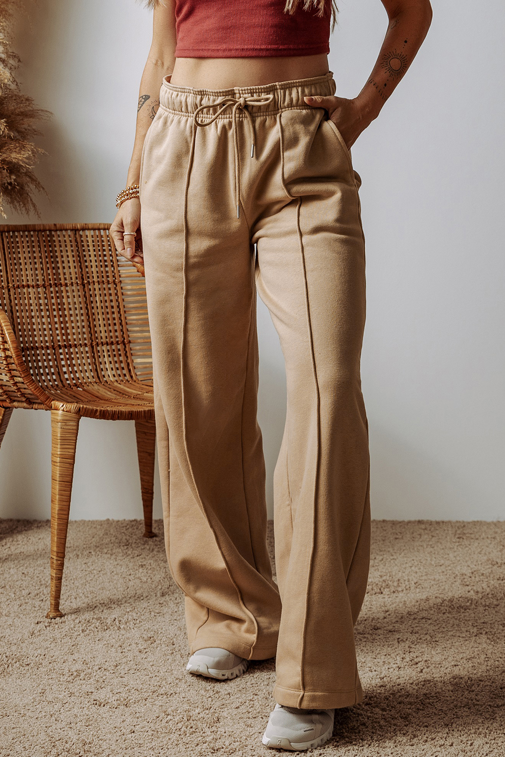 Smoke Gray Exposed Seam Drawstring Elastic Waistband Wide Leg Pants - loveforevers