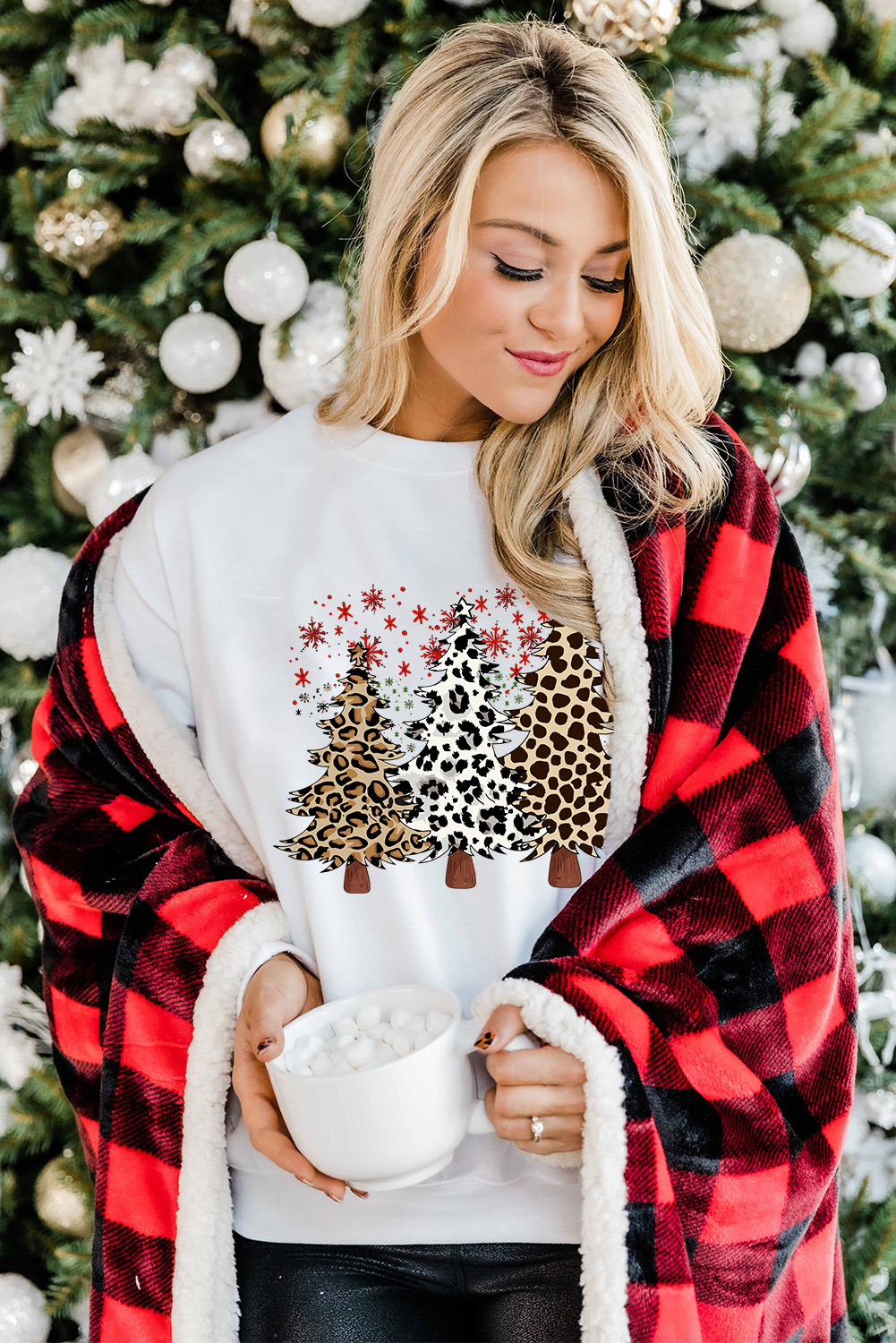 White Leopard Christmas Tree Graphic Crewneck Tee - loveforevers