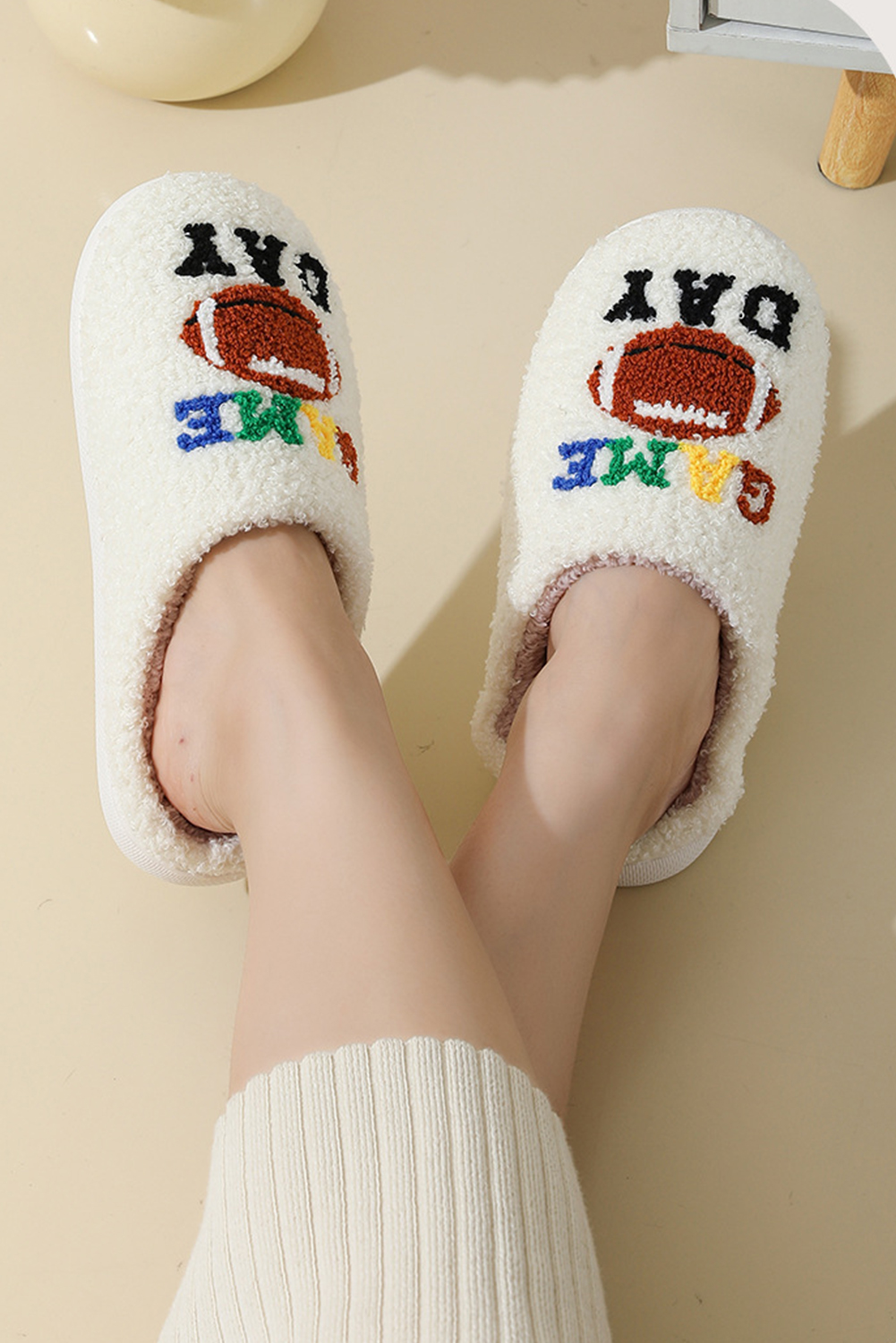 White GAME DAY Rugby Football Plush Slippers - loveforevers