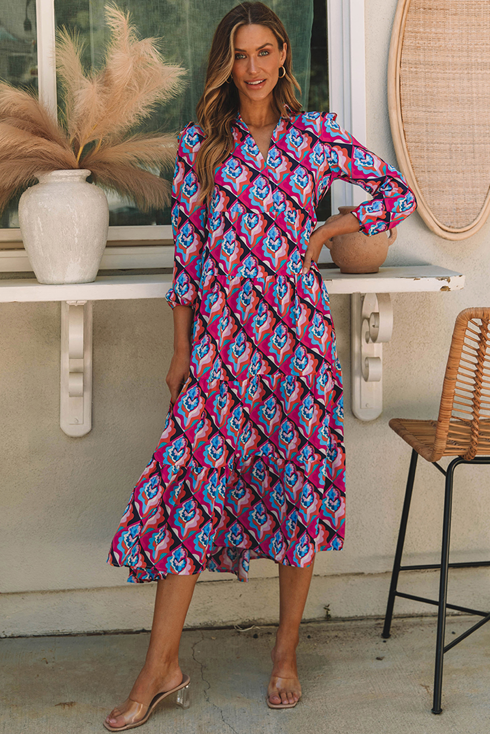 Abstract Geometric Print Long Sleeve High Waist Dress - loveforevers