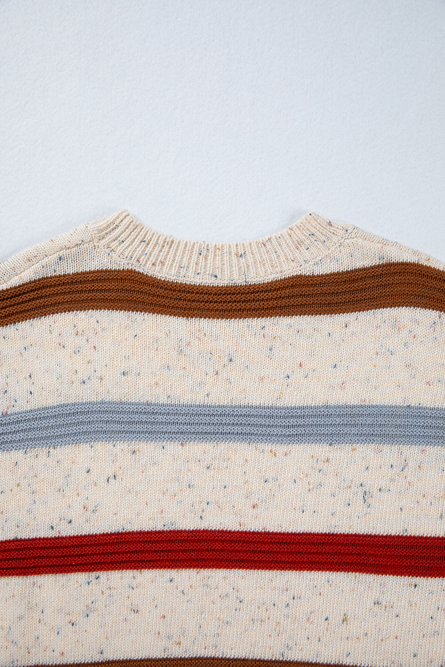 Beige Stripe Exposed Seam Drop Shoulder Heathered Knit Sweater - loveforevers