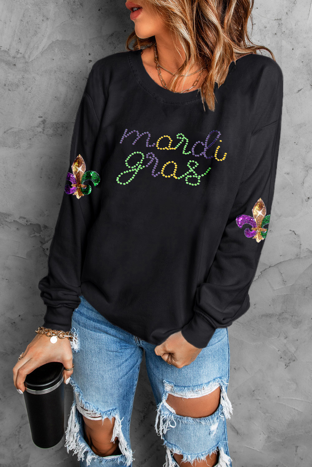 Black Ceramic Rhinestone mardi gras Letter Graphic Sweatshirt - loveforevers