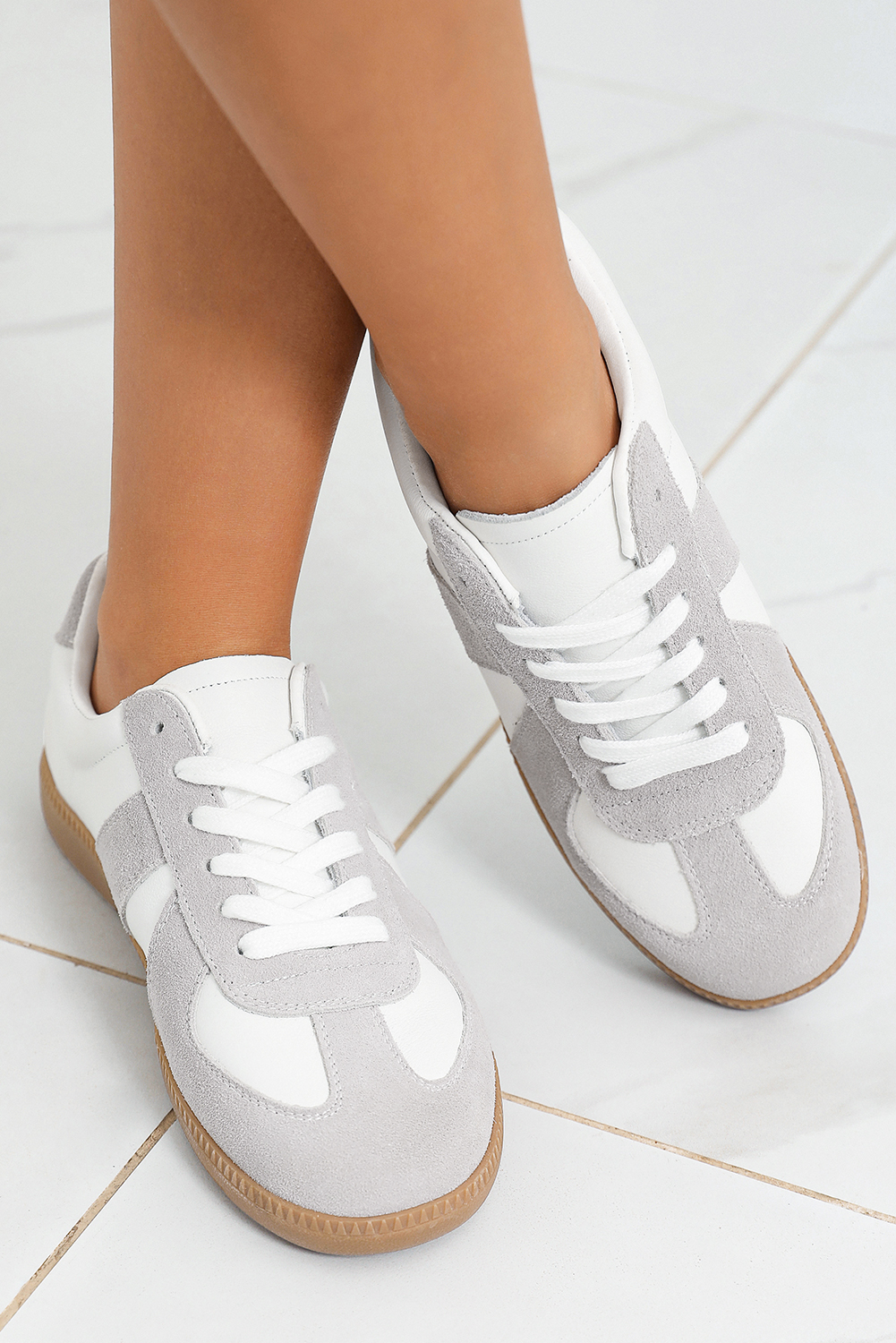 Beige PU Leather Suede Patched Lace-up Flat Shoes - loveforevers