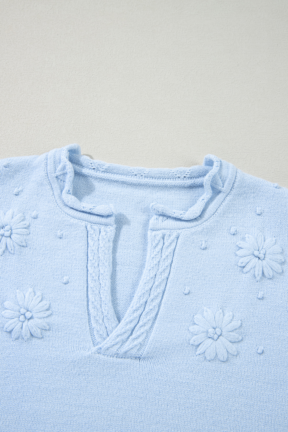 Beau Blue Flower Detail Knitted Notched Neck Sweater - loveforevers