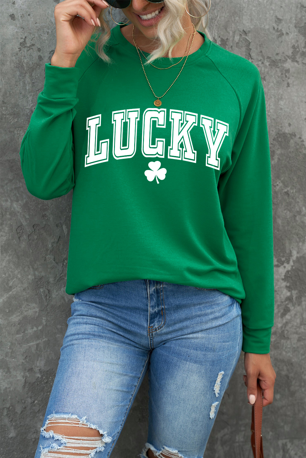 Green St. Patricks LUCKY Clover Print Raglan Sleeve Sweatshirt - loveforevers