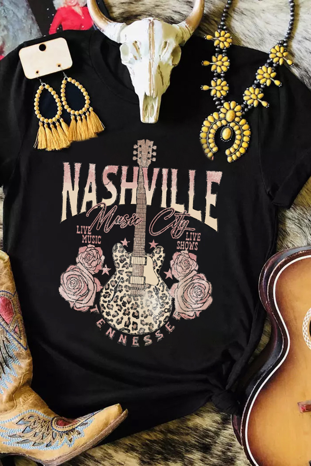 Black Nashville Music City Leopard Guitar Graphic T Shirt - loveforevers