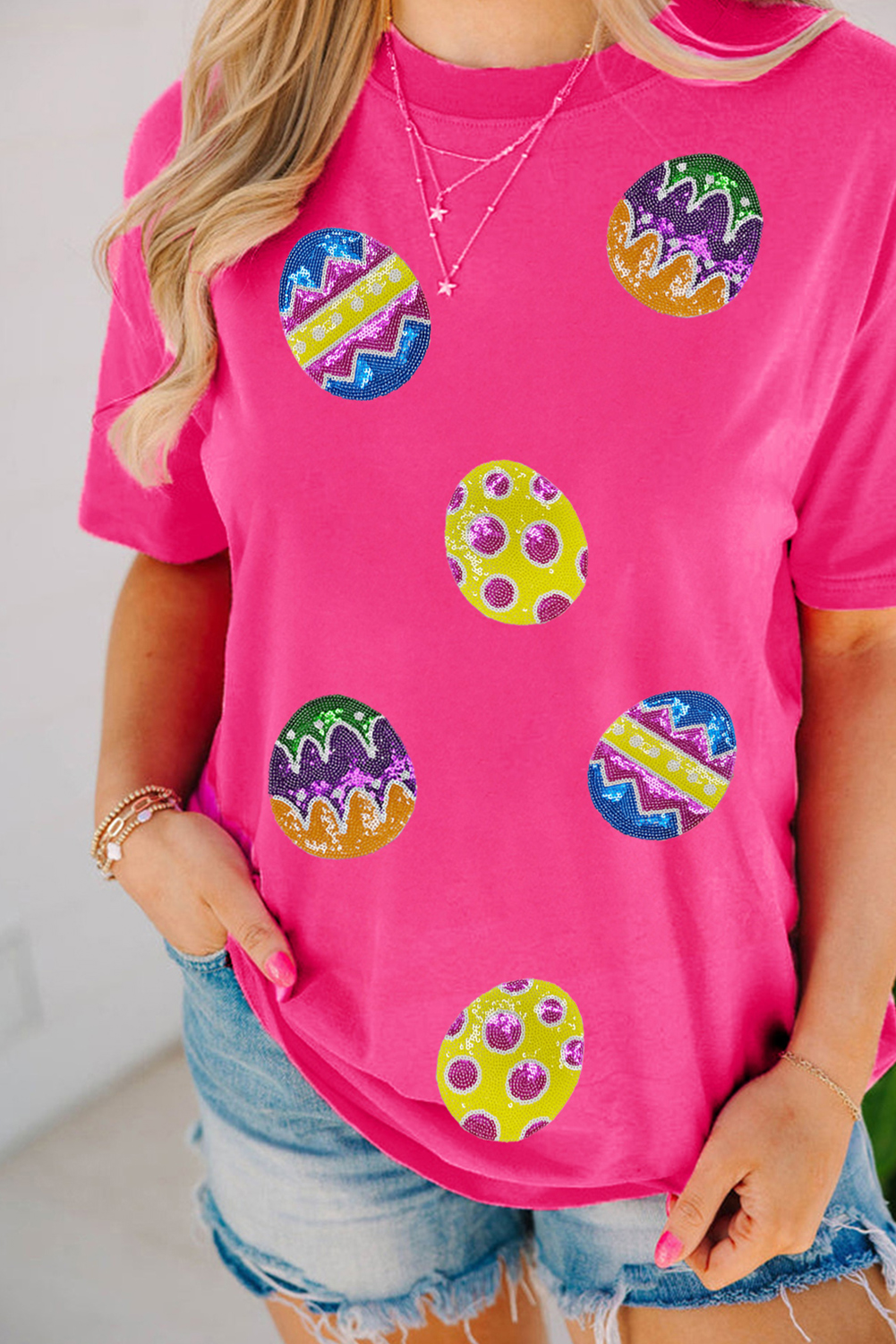 Rose Red Easter Eggs Patched Crew Neck Graphic Tee - loveforevers