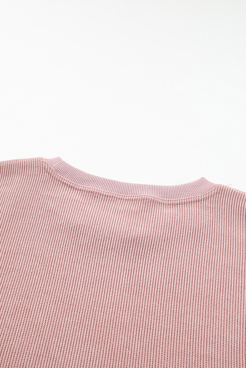 Pink Solid Ribbed Knit Round Neck Pullover Sweatshirt - loveforevers