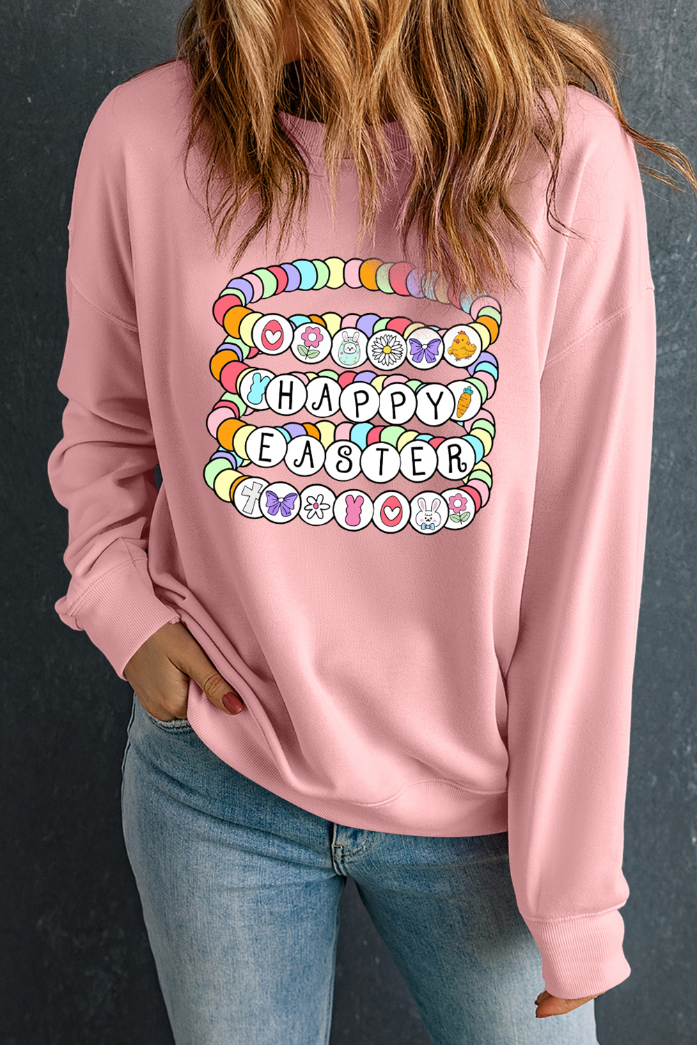 Pink Happy Easter Bracelet Print Drop Shoulder Sweatshirt - loveforevers