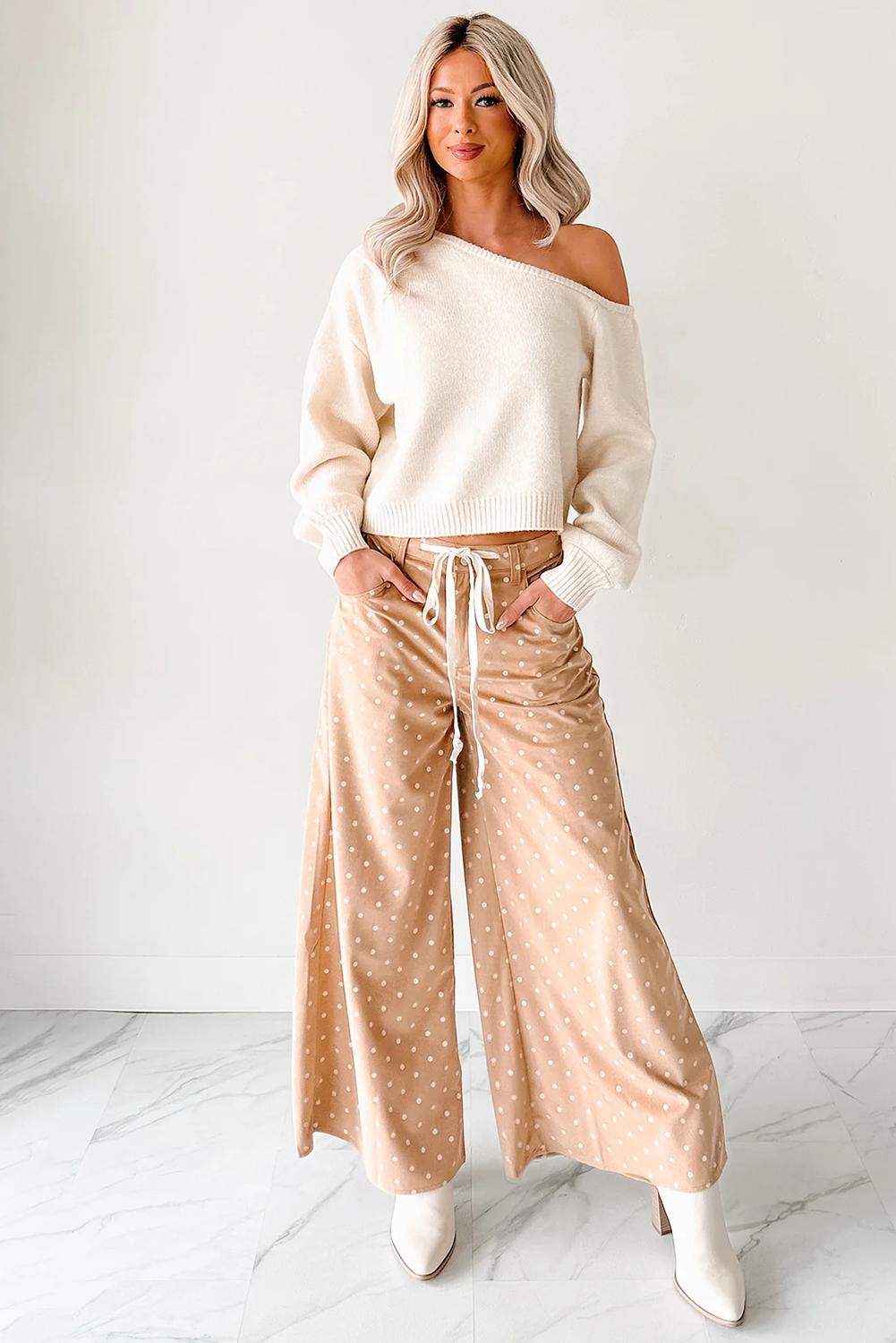 Khaki Polka Dot Print Drawstring Wide Leg Pants - loveforevers